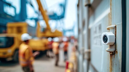 Medium shot of a cargo container with sharp focus on IoT sensor monitoring temperature while the background of workers and equipment is softly blurred.