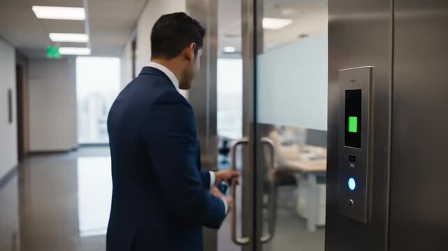 Caucasian man using smartphone for access, scanning phone near door panel to open modern office door with happy expression