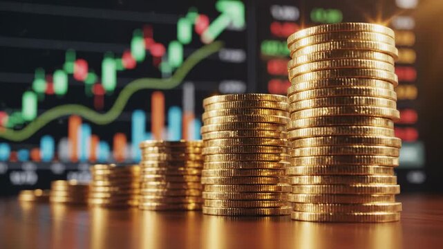Growing stacks of gold coins with a rising financial graph. Concept of increasing wealth, investment, savings, and compound interest.