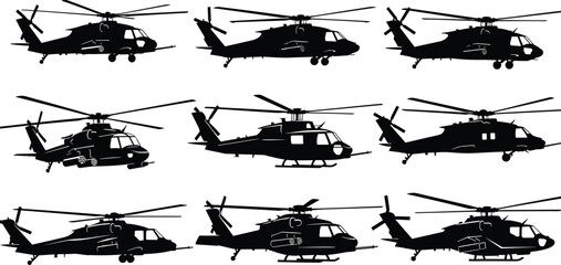 Collection of military helicopter silhouettes featuring various transport and attack aircraft models for aviation, defense, rescue, and tactical industrial designs. © Itz Majbahuil Here