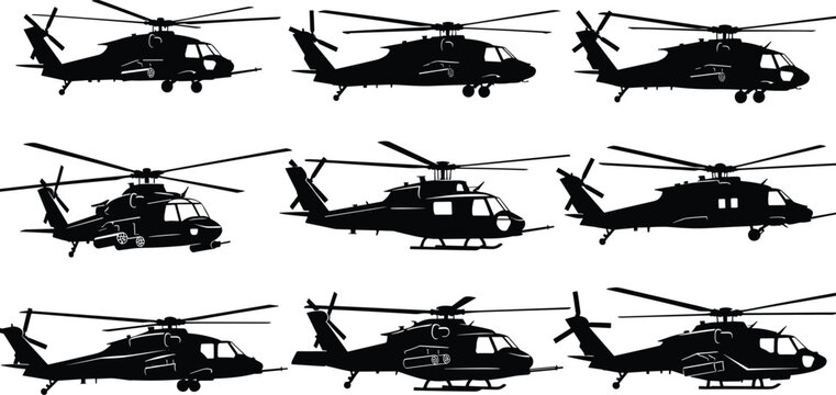 Collection of military helicopter silhouettes featuring various transport and attack aircraft models for aviation, defense, rescue, and tactical industrial designs.