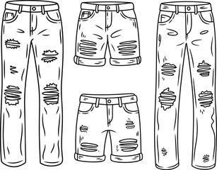 Ripped denim jeans and shorts flat sketch collection, distressed casual fashion pants technical CAD drawing vector illustration