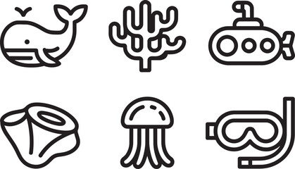 Underwater life icons whale coral submarine shell jellyfish goggles isolated © MC Creative