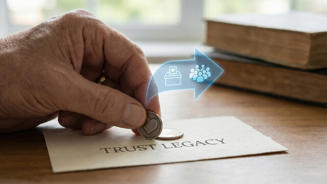Silver coin held by hand over trust legacy paper with economy wealth transfer concept arrow and donation icons