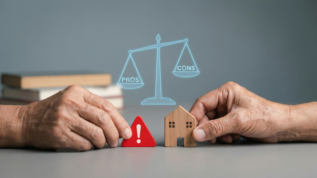 Silver scale balancing pros and cons with wealth transfer concept in economy symbolized by hands holding house and warning sign