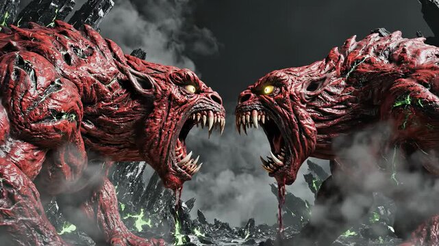 Two red monster creatures confront each other with roars and smoke in a dark fantasy landscape for a sci-fi game concept.