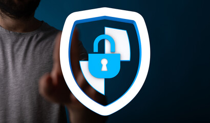 Concept of cybersecurity, data protection and safety represented by a shield and digital lock. Data privacy, network security, and pr