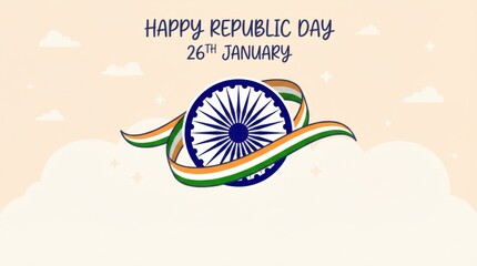cartoon republic day india greeting card template illustration template featuring tricolour ribbon swirling around ashoka wheel icon on simple pastel background with plenty of empty space