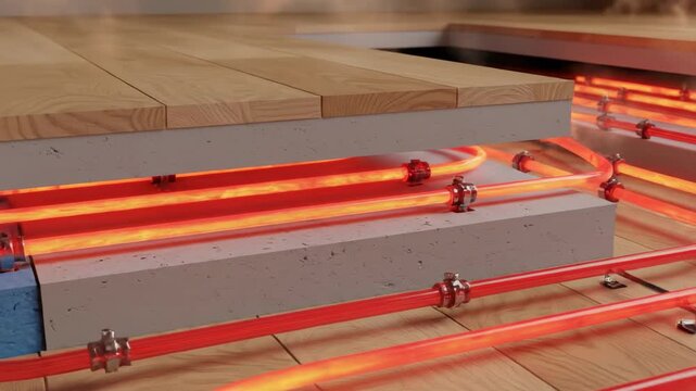 Glowing orange pipes for underfloor heating system installation with wooden floor layers. Warm house comfort technology concept.
