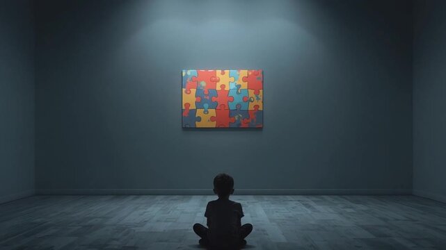Child Sitting Alone Facing Autism Puzzle Artwork Concept