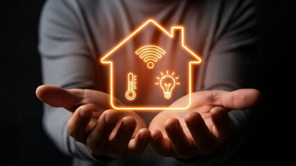 Human hands holding glowing smart home icon representing house automation technology and green energy efficiency