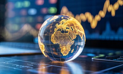 Glowing digital globe on desk with financial charts representing global economy and international business connectivity