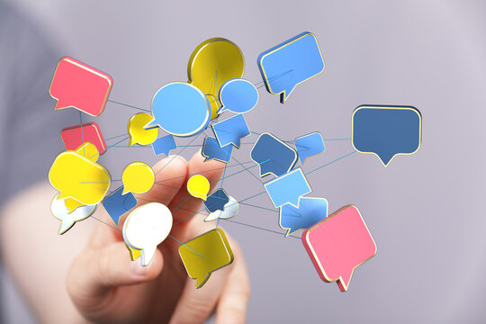 Hand touching colorful speech bubbles representing social media, communication, dialogue, and networking ideas. - Powered by Adobe