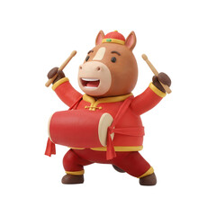 Cute cartoon horse character playing drum with drumsticks.