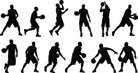 Basketball player silhouettes set with diverse athletes dribbling, shooting, and jumping, sports action collection isolated on white background for design, © Itz Majbahuil Here