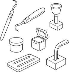 Dental Hygiene Appointment Essentials Line Art Tools Set.eps
