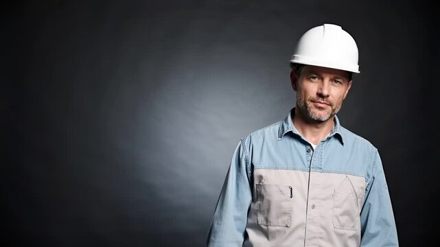 ライトグレーのマット背景で撮影された、欧米系男性建設作業員のポートレート。
清潔な作業着とヘルメット、安全装備が信頼性と専門性を表現する。