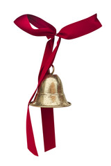 A gold bell with drops of water with a red ribbon isolated on white background