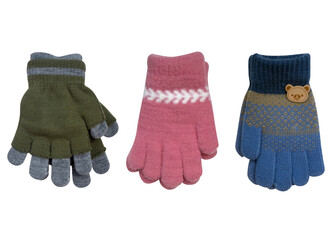 Three pairs of knitted children's gloves isolated on a white background