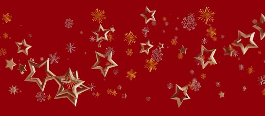 Christmas background with golden stars and snowflakes on a vibrant red backdrop, perfect for festive designs, greetings, and celebrations. © vegefox.com