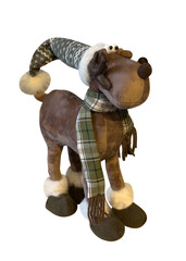 brown stuffed toy Christmas deer with a green and white scarf isolated on white background