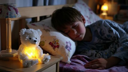 Child sleeping with teddy bear night light