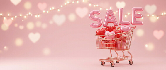 Valentine's Day sale background with shopping cart full of hearts and gifts. Pink balloon letters spelling SALE. Romantic promotion banner with copy space