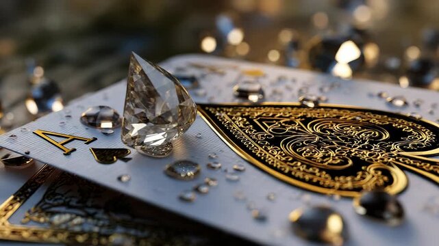 Diamond falling onto playing card closeup