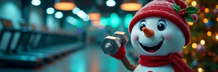 A cheerful snowman in a red hat lifts a dumbbell in a gym, a funny concept for Christmas fitness and holiday workouts.