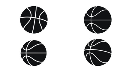 Obraz premium Four black silhouettes of basketballs shown from different angles and perspectives with white lines on a white background.