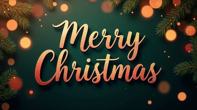 Festive 'Merry Christmas' greeting in elegant gold script on a dark green background, framed by pine branches and warm bokeh lights, ideal for a holiday card.