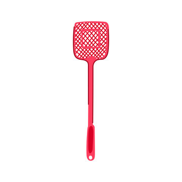 Red plastic fly swatter for effective home pest control, protecting indoor and outdoor spaces from flying insects, flat square head, long handle, clean white studio background