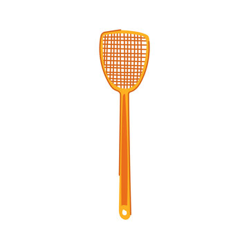 Orange plastic fly swatter with perforated paddle and long handle for household pest control, simple flat vector style cutout on white background for home hygiene and extermination