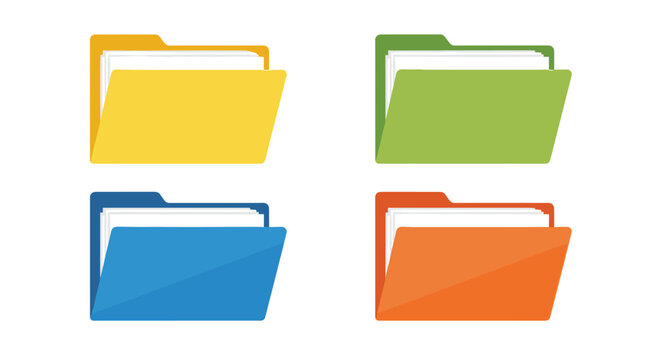 Set of four colorful document folder icons in yellow, green, blue, and orange with various paper sheets inside.