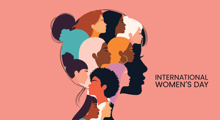 International Women's Day celebration graphic featuring a diverse group of female silhouettes on a pink background for empowerment.