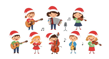 Fototapeta premium Talented group of children in Santa hats playing various musical instruments together for Christmas concert celebration.