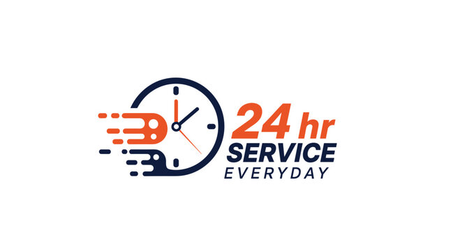 Professional 24 hour service logo featuring a fast moving clock for all day and everyday maintenance or delivery concepts.
