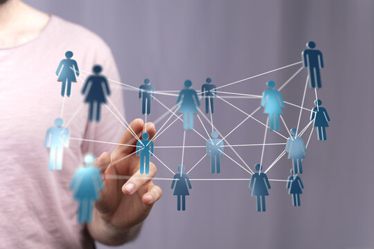 Abstract network of people with hand touching, business and social media concept for connection and global inte - Powered by Adobe