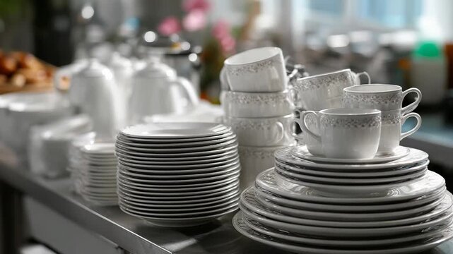 Stacked dishes and cups gently shifting