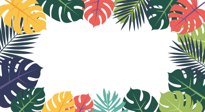 Colorful tropical leaf frame border featuring vibrant monstera and palm foliage for exotic summer and vacation themes.