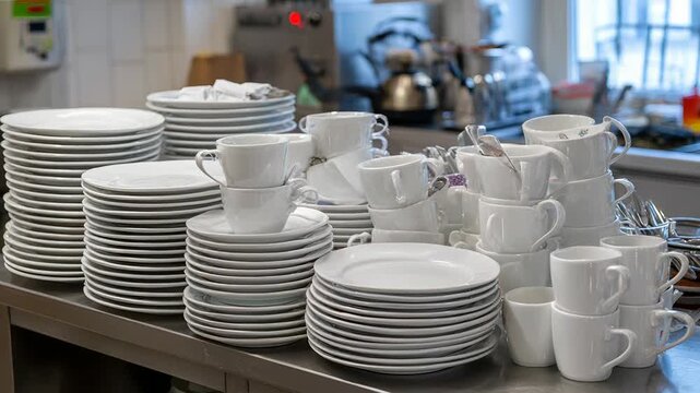 Stacked dishes and cups in kitchen setting