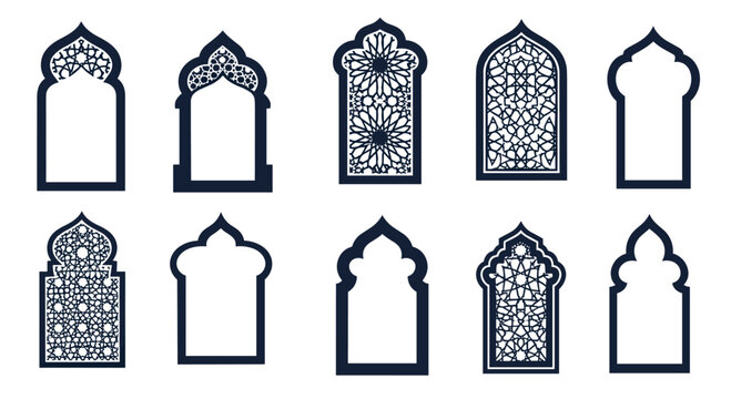Set of ornate Islamic window frames and arches featuring intricate geometric arabesque patterns in black and white silhouette.