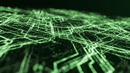 Abstract glowing green lines forming a complex digital network or circuit board pattern representing advanced technology data flow and global connectivity in a futuristic cyberspace environment.