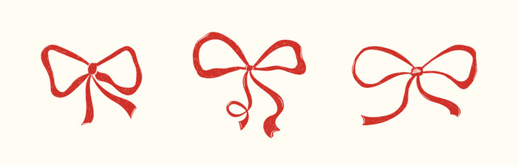 Hand drawn cute crayon red bow set. Minimalist bowknot for wedding, birthday, christmas cards, poster, gift, invitation. Vintage minimalist coquette elements. Whimsical doodle isolated vector illustra