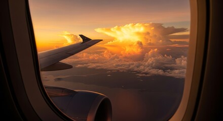 Sunset view over clouds through airplane window with wing and engine.