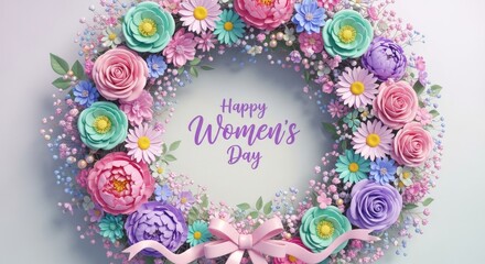 Pastel Floral Wreath Greeting Card for Women's Day Celebration.