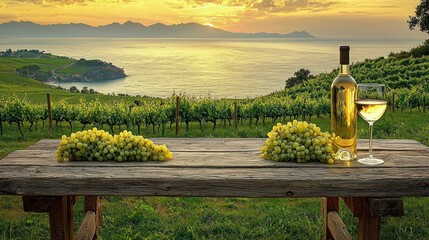Wine and grapes over looking the sea
