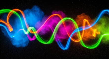 Colorful Neon Light Waves and Smoky Abstract Energy Ribbon Artwork.