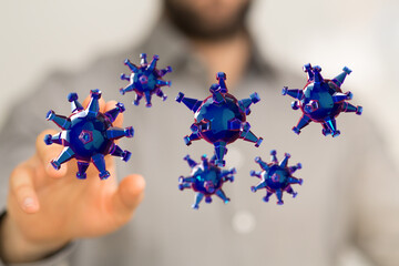 Abstract visualization of coronavirus or other infection cells with a person touching them. Covid-19 illustrat