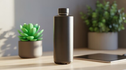 Sleek Hydration Essential: A minimalist black water bottle sits on a stylish wooden desk beside a vibrant succulent and a digital tablet, bathed in natural light. 